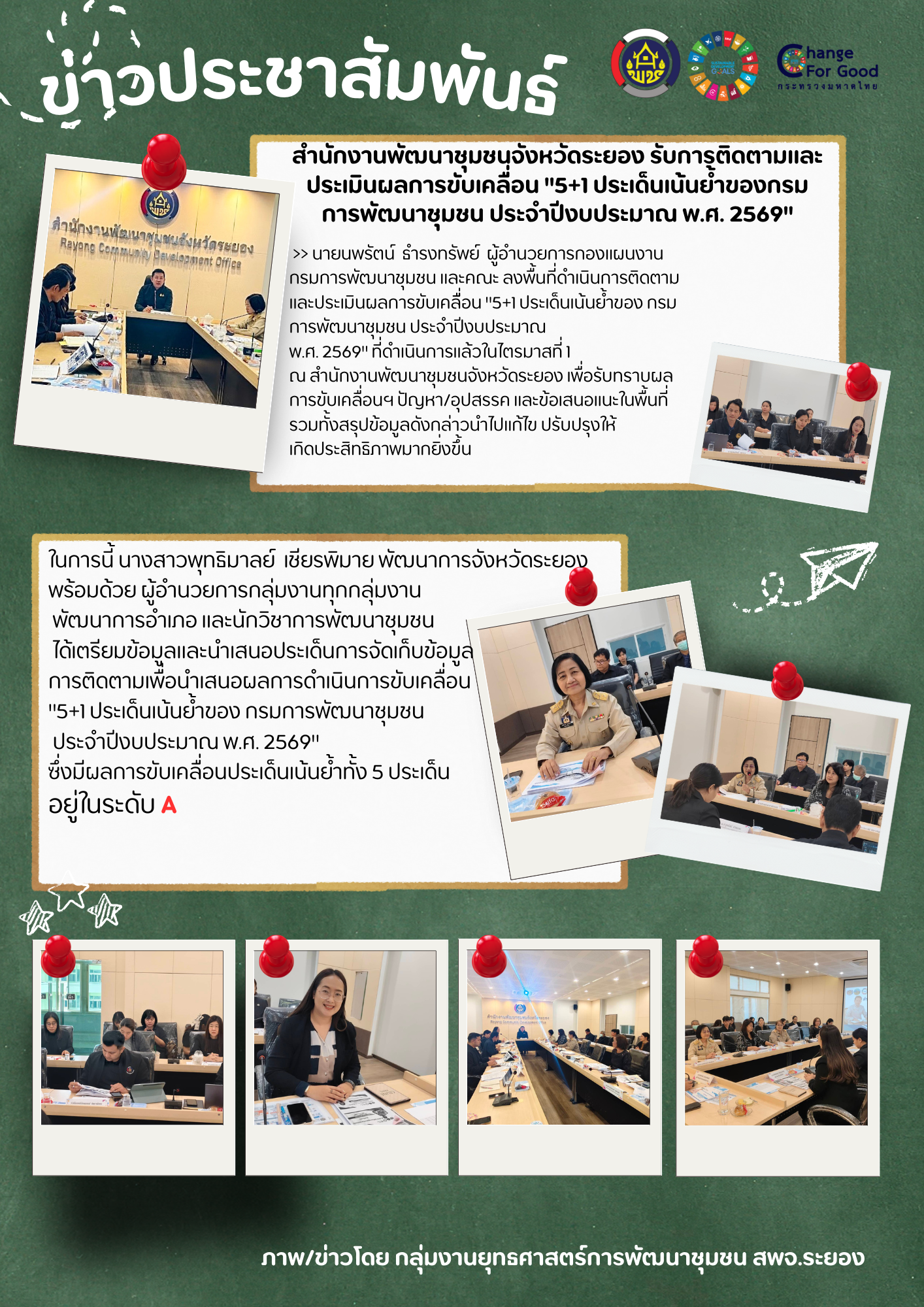 สำนักงานพัฒนาชุมชนจังหวัดระยอง รับการติดตามและประเมินผลการขับเคลื่อน "5+1 ประเด็นเน้นย้ำของกรมการพัฒนาชุมชน ประจำปีงบประมาณ พ.ศ. 2569" 